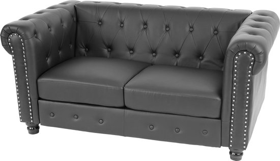 Luxe 2-zits bank loungebank Chesterfield kunstleer 160cm ~ ronde poten, zwart