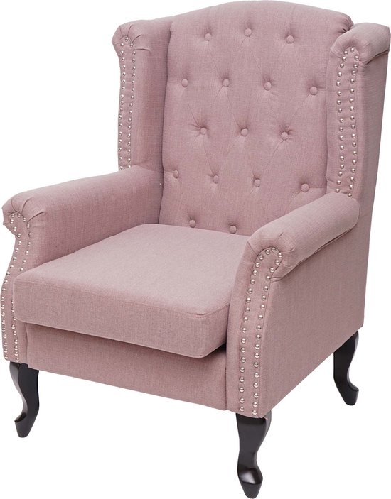 Chesterfield fauteuil, relax club fauteuil wing chair, waterafstotende stof/textiel ~ vintage roze zonder voetenbankje