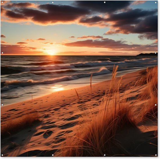 Tuinposter strand - Tuindecoratie zonsondergang - 200x200 cm - Tuindoek duinen en zee - Muurdecoratie voor buiten - Schuttingposter - Tuinschilderijen - Tuinwanddecoratie - Tuinposters