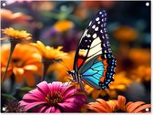 Tuinposter vlinder - Tuindecoratie - Vlinder op bloemen - 80x60 cm - Poster voor in de tuin - Buiten decoratie - Schutting tuinschilderij - Tuindoek muurdecoratie - Wanddecoratie balkondoek
