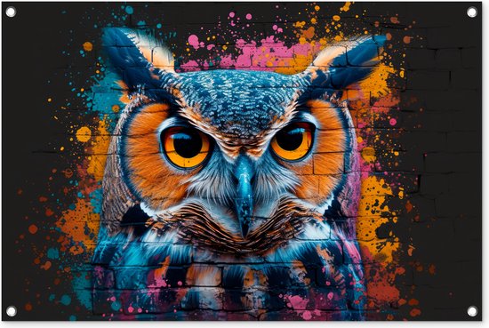 Tuinposters buiten Uil - Vogel - Kleurrijk - Graffiti - Art - 90x60 cm - Tuindoek - Buitenposter..