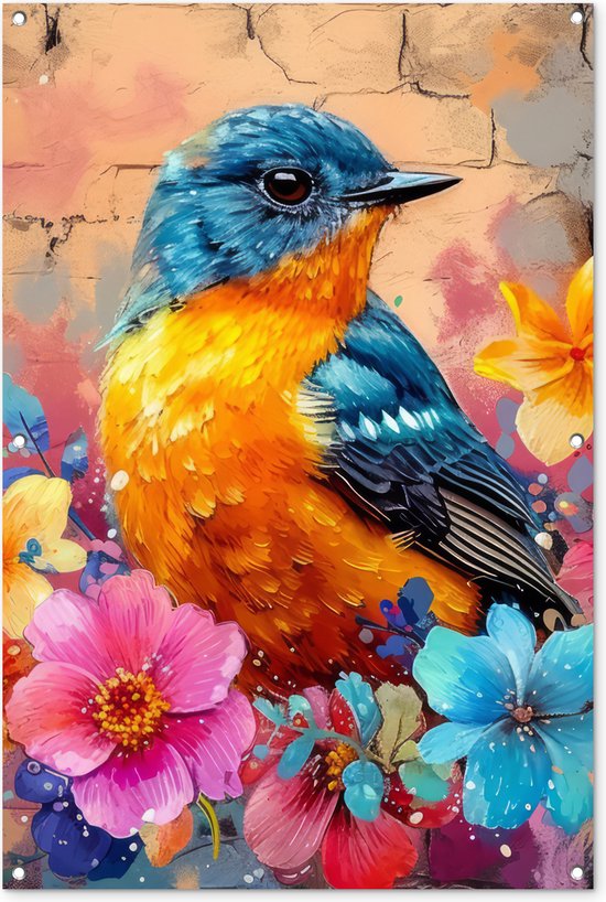 Tuinposter 80x120 cm - Tuindecoratie - Graffiti - Vogel - Bloemen - Streetart - Poster voor in de tuin - Buiten decoratie - Schutting tuinschilderij - Muurdecoratie - Buitenschilderijen - Tuindoek - Buitenposter..