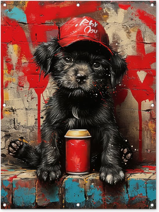 Tuinposter 90x120 cm - Tuindecoratie - Graffiti - Hond - Pet - Puppy - Rood - Street art - Dier - Poster voor in de tuin - Buiten decoratie - Schutting tuinschilderij - Muurdecoratie - Tuindoek - Buitenposter..