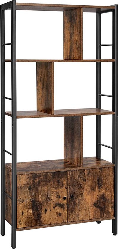 Foto: Ibella living boekenkast boekenplank met 4 open legplanken staande boekenkast ruime woonkamerkast keuken kantoor stalen frame industrieel ontwerp vintage bruin zwart