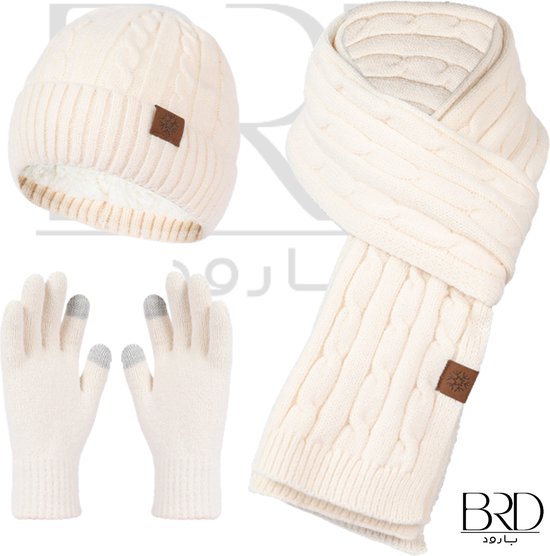 BRD Ensemble hiver adulte Crème - bonnet doublé, écharpe et gants