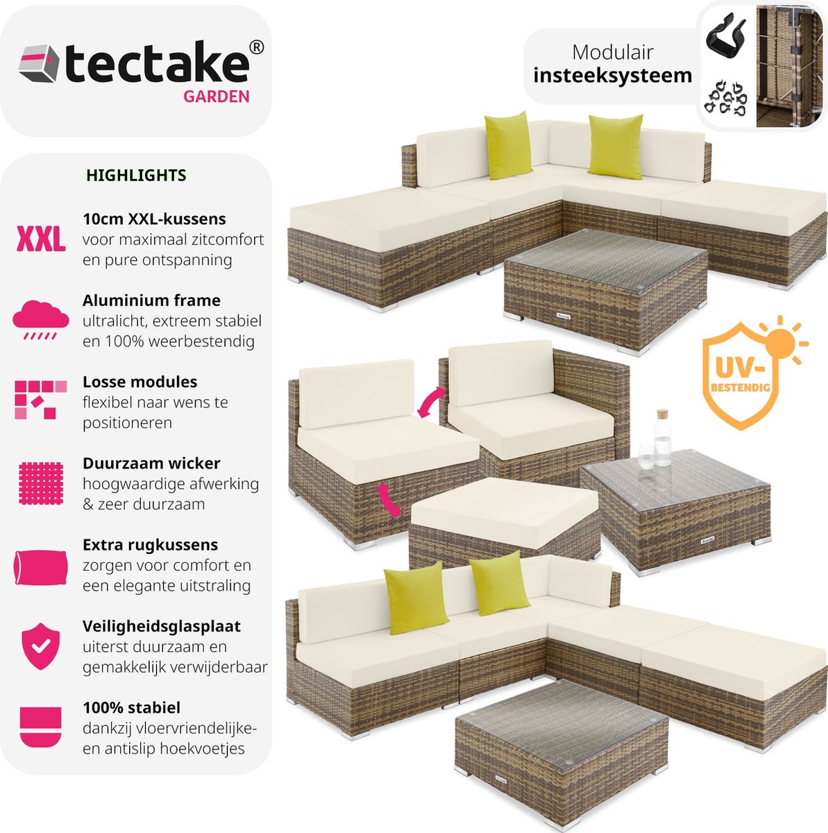 tectake® Wicker tuinset, Balkon meubels, Loungeset tuin, Tuinmeubelen, Tuinset 4 personen, Tuinmeubelset met loungebank, tuintafel en tuinstoelen, Waterafstotende kussens, Stabiel stalen frame, Grijs