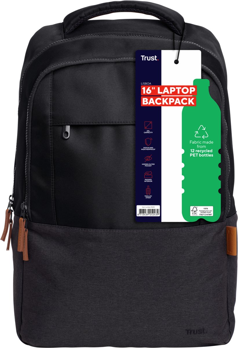 Trust Lisboa 16" Duurzame Laptop Rugzak - ECO - Zwart