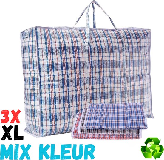 Le Snuffelaar® - Sac de rangement XL | Grand acheteur | Sac de voyage extra large | Grand sac à provisions | Poche à carreaux | Mega sac | Sac à linge | Sac shopping avec fermeture éclair – 6 pièces