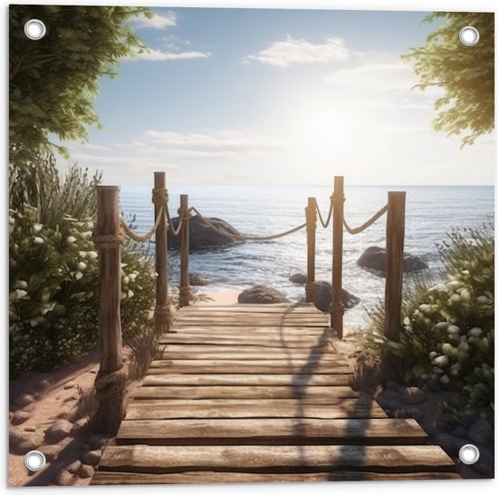 Tuinposter – Bomen - Bloemen - Planten - Hout - Pad - Water - Zee - Strand - Zand - Zon - 50x50 cm Foto op Tuinposter (wanddecoratie voor buiten en binnen)