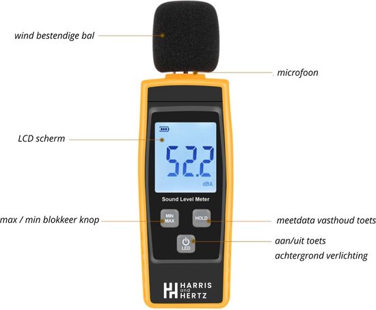 Digitale Decibelmeter 30 dB tot 130 dB - Kleine, lichte dBA Meter - Geluidsmeter - 31.5 Hz tot 8 KHz - LCD Scherm - Harris and Hertz - Harris and Hertz