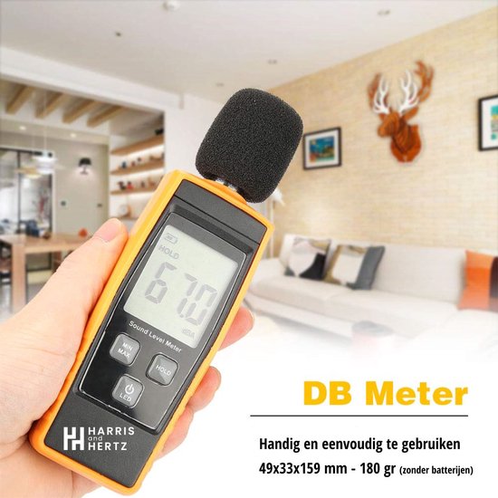 Digitale Decibelmeter 30 dB tot 130 dB - Kleine, lichte dBA Meter - Geluidsmeter - 31.5 Hz tot 8 KHz - LCD Scherm - Harris and Hertz - Harris and Hertz