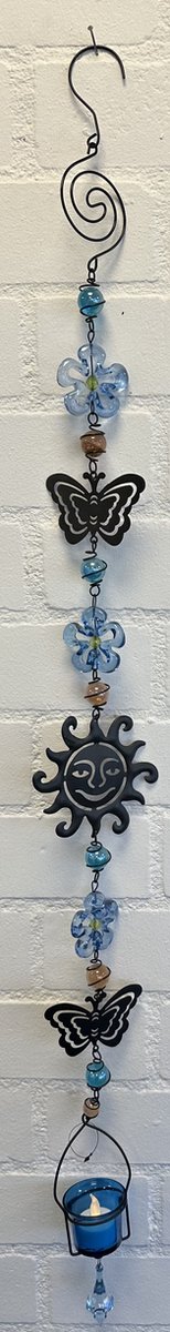 Deco theelichthouder "bloemen + vlinders en zon" met metalen ketting - zwarte ketting & blauwe glazen stenen - lengte 115 cm - exclusief theelicht - Woondecoratie - Theelichthouder - Woonaccessoires