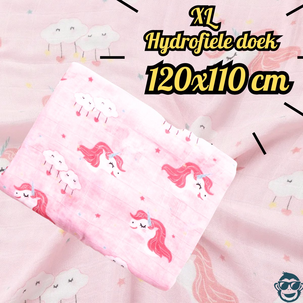 Goedkoopste BoefieBoef XL Hydrofiele Doek 120x110cm - Zachte Bamboe Swaddle, Inbakerdoek, Mousseline Doek voor Baby's en Newborns 0 tot 12 maanden - Roze Eenhoorn Cartoon - Dubbellaags, Ademend en Absorberend - Kerst en KraamCadeau - Duurzaam - Babydeken - Wit
