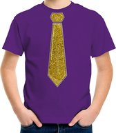 Bellatio Decorations Verkleed t-shirt voor kinderen - glitter stropdas - paars - jongen - carnaval 104/110