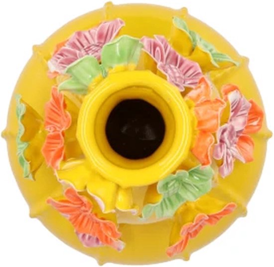 Vase en faïence jaune super vintage à 3 boules avec fleurs colorées en faïence 14 x 22 CM Petit