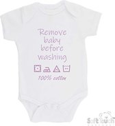 100% katoenen Romper "Remove baby before washing 100% cotton" Meisjes Katoen Wit/lila Maat 56/62