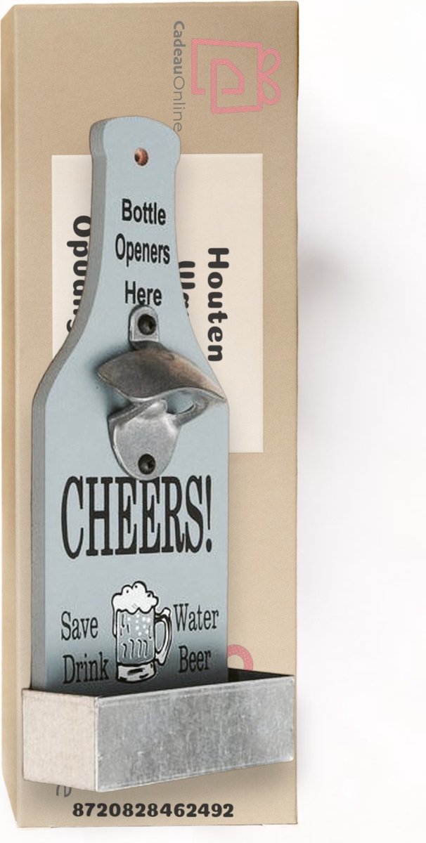Houten Wand Flesopener Met Opvangbak - Cheers - CadeauOnline