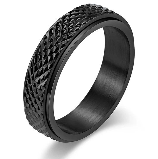 Fidget Ring Zwart - Anxiety Ring - Gekarteld - Staal - Ringen Heren Dames Vrouwen - Cadeau voor Man - Mannen Cadeautjes