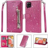 Portemonnee Hoesje - Wallet Case - Rits Sparkly Glitter - Telefoonhoes met Kord Geschikt voor: Samsung Galaxy A22 4G - Roze