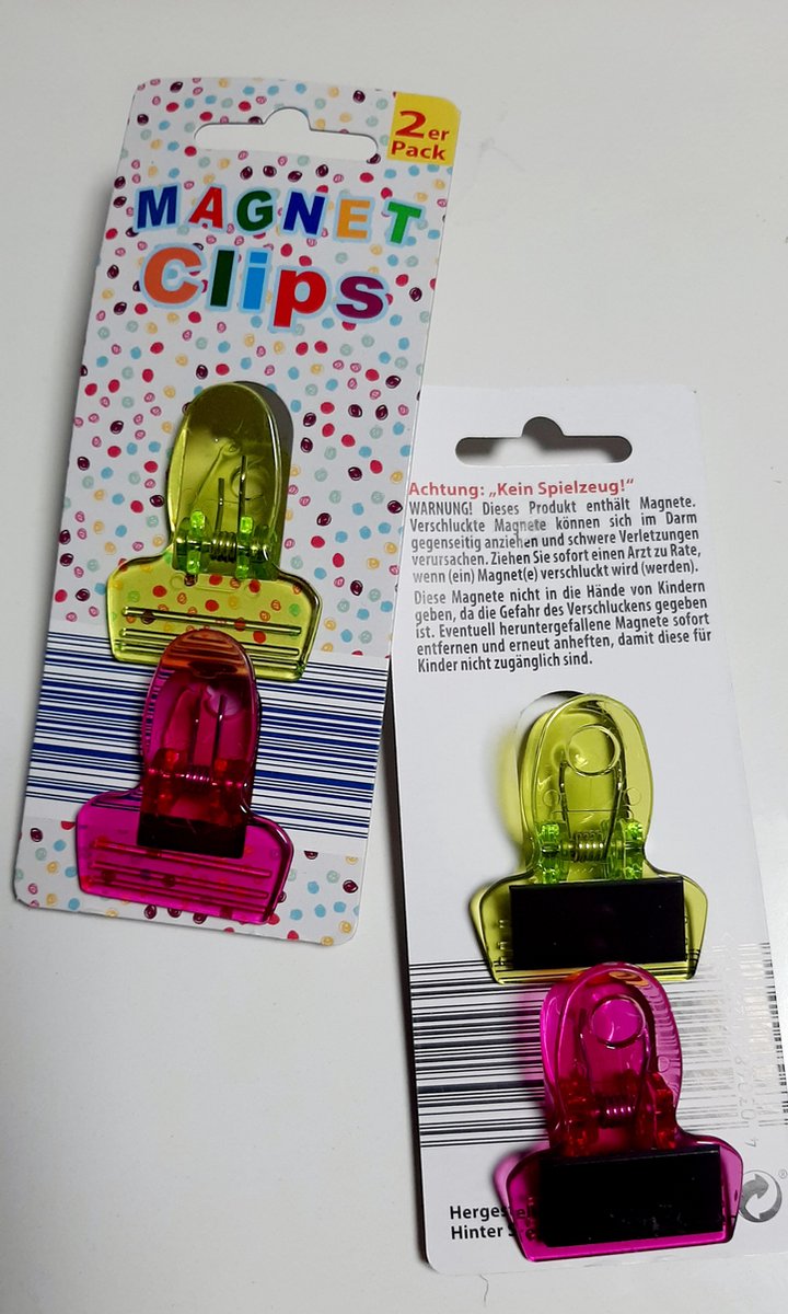 2x blister met 2 magneetclips - koelkastmagneet met clip / klem - magneetclip voor memo's whiteboard magneetbord - transparant geel, rood, blauw of groen