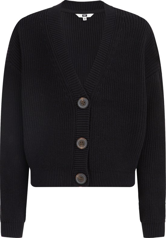 Zwart gebreid vest met V-hals en bruine knopen.