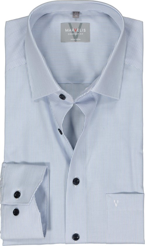 MARVELIS comfort fit overhemd - popeline - lichtblauw gestreept - Strijkvrij - Boordmaat: