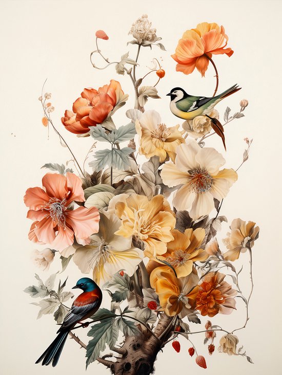 Natuur Bloemen Met Vogels Canvas - Aquarel Art Canvas Natuur -formaat - 50x70cm