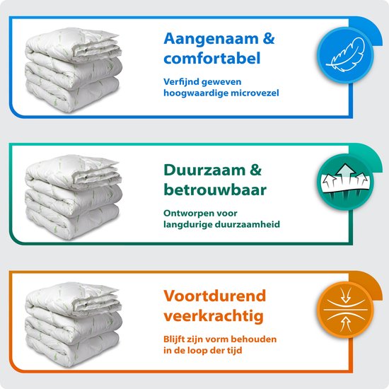 Drie gestapelde witte dekbedden met bamboe print. Kenmerken: Aangenaam & comfortabel, Duurzaam & betrouwbaar, Voortdurend veerkrachtig.