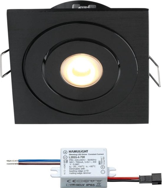 Cree LED inbouwspot Soria zwart in - 3W / vierkant / dimbaar / kantelbaar / 230V / IP44 / downlights / plafondspots / spotjes / inbouwspots / badkamer / woonkamer / keuken / spotlight / warmwit