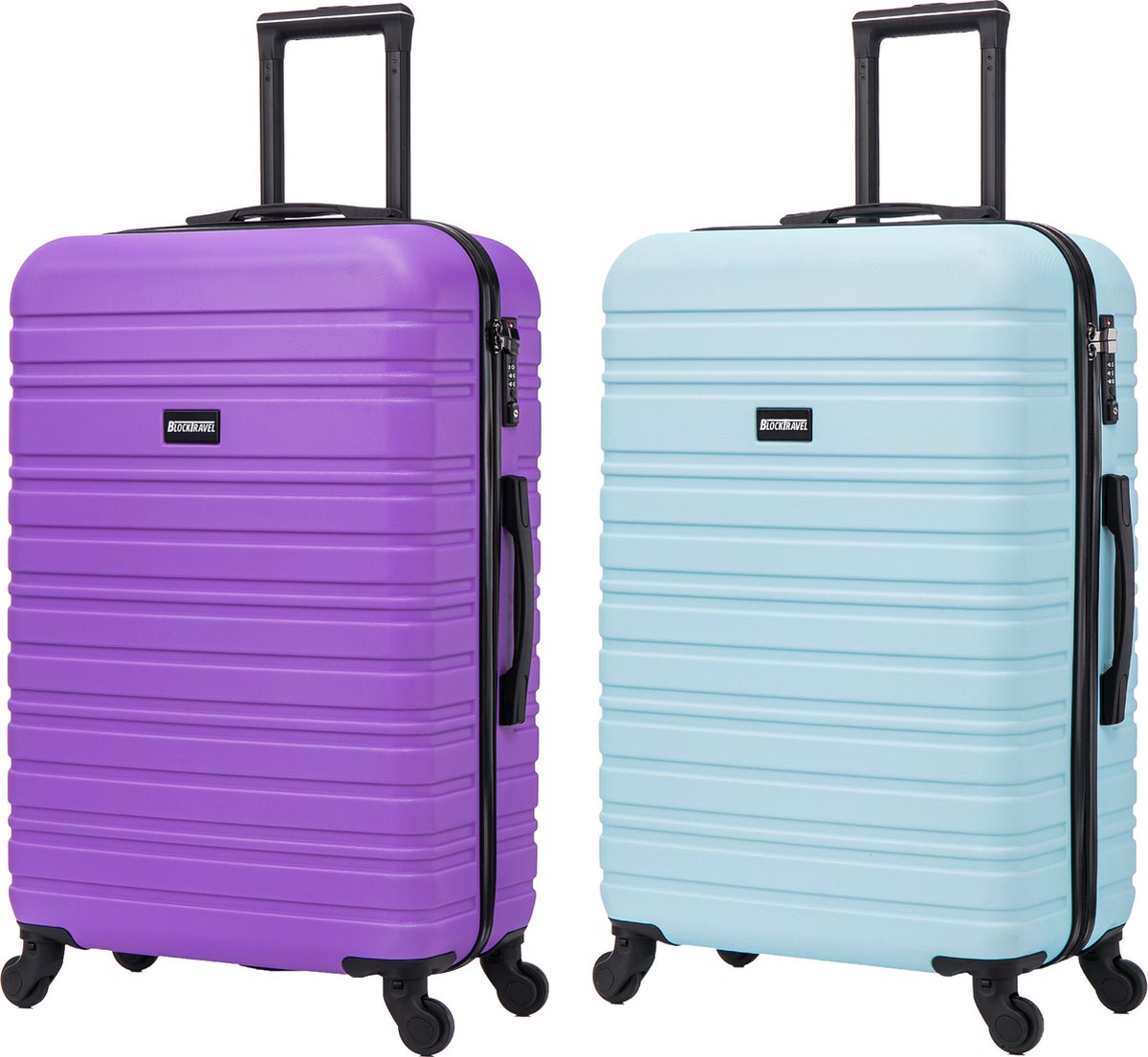 BlockTravel - kofferset - 2 delig - ABS - ruimbagage - met wielen afneembaar - 74 liter - inbouw TSA slot - licht blauw - paars