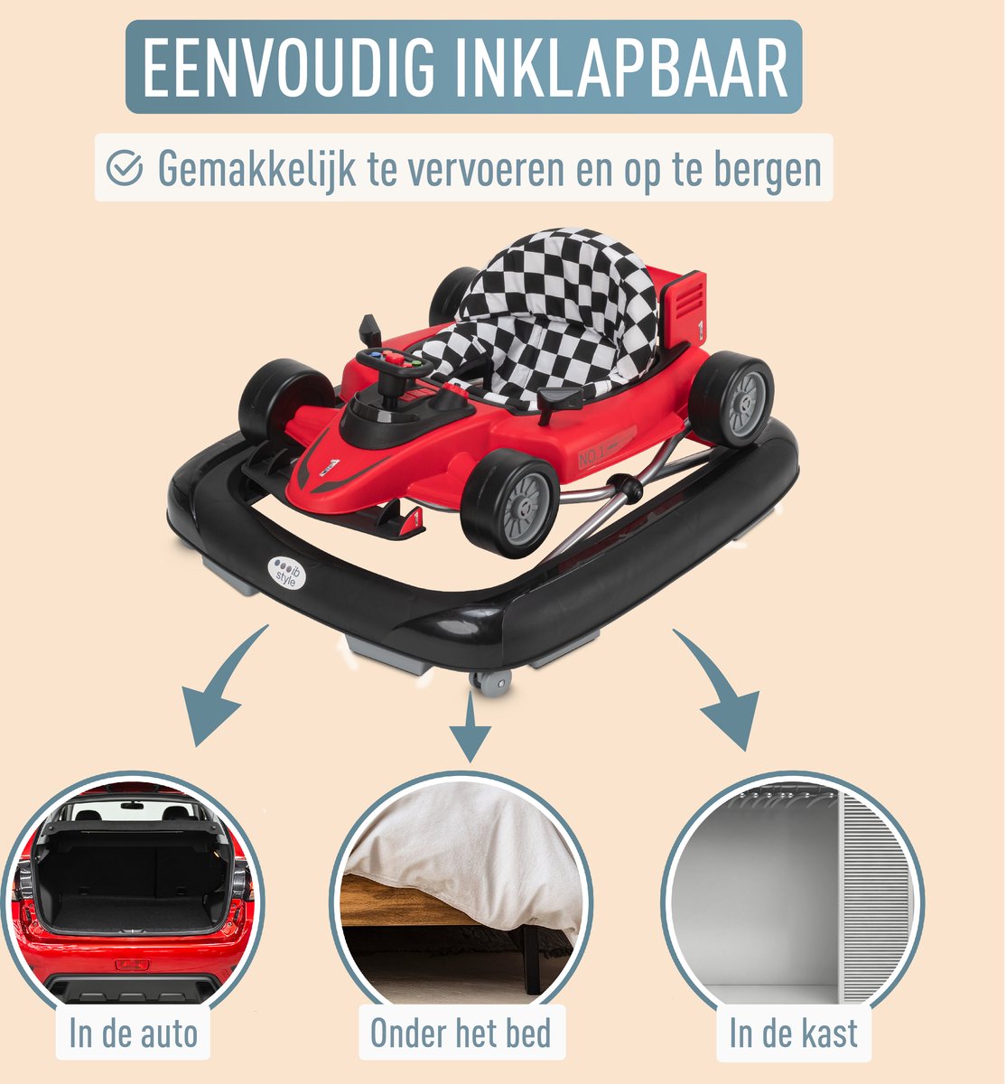 ib style® Loopstoel Babywalker - Baby Loopwagen - Looptrainer - 2-in-1 Racer - Hoogte verstelbaar - Met Geluidseffecten - Little Speedster - Rood – foto 5