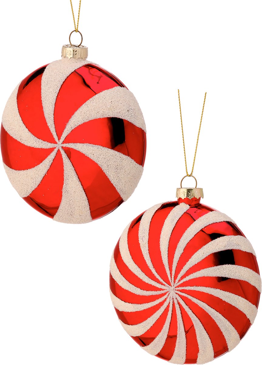 Viv! Christmas Kerstbal - Pepermunt Swirl Snoep Schijf - set van 2 - glas - rood wit - 10cm