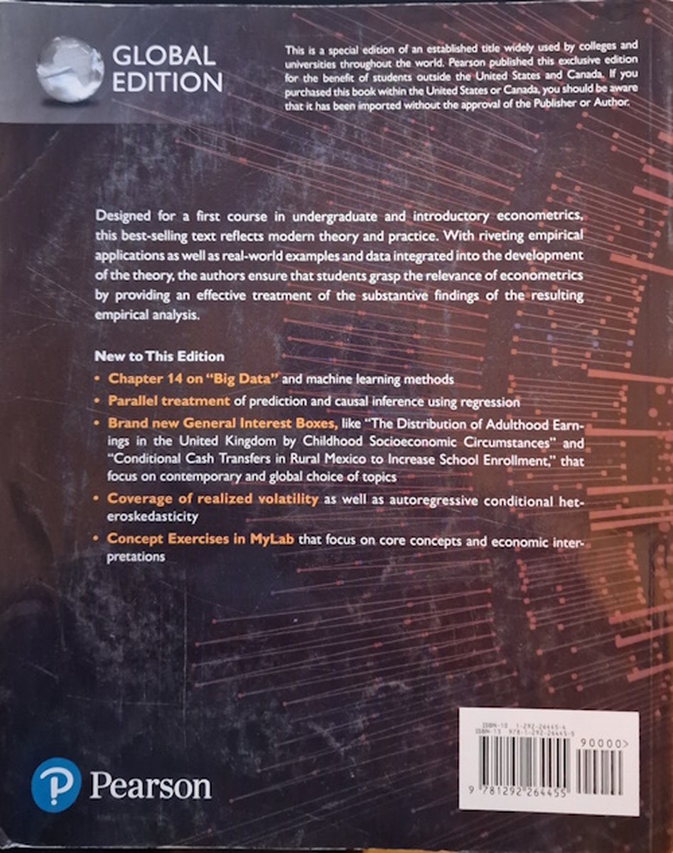 Achterkant van het boek 'Introduction to Econometrics, Global Edition'. Tekst over nieuwe hoofdstukken en concepten.
