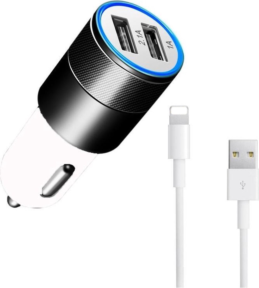 Durata DR-DC858 Zwart 2 USB Poorten USB autolader 2.1A Snel Oplader Auto adapter Met Lightning kabel voor iPhone 11 / Pro / Max / X / Xs/ XR / MAX / 8 / 8 Plus / SE / 2020 / 5S / 5 / 5C / 6S / 6 Plus / 7 / 7 Plus / iPad