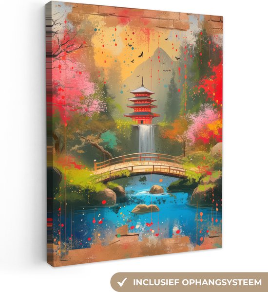 Canvas Schilderij 90x120 cm - Graffiti - Japanse tuin - Kleurrijk - Japan - Street art - Wanddecoratie slaapkamer - Muurdecoratie woonkamer - Interieur decoratie - Schilderijen