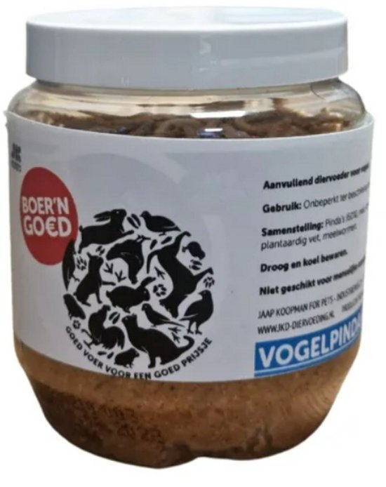 Pot met vogelpindakaas met meelwormen van Boer'n Goed.