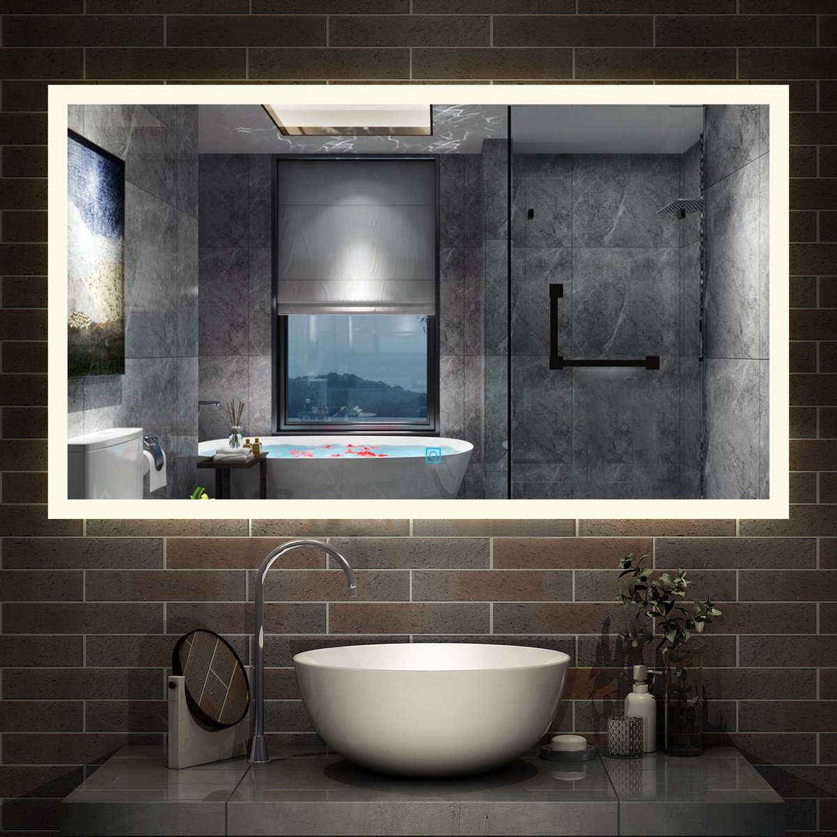 LED badkamerspiegel 100x60cm，rechthoekig ，Aanraak-/wandschakelaar, anti condensatie, koud wit/neutraal wit/warm wit，regelbaar licht, power off geheugenfunctie, IP44