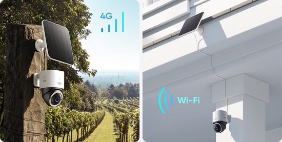 4G buiten camera met zonnepaneel op paal en Wi-Fi camera met zonnepaneel.