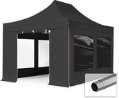 Tente de fête Easy Up 3x4,5 m Pavillon pliant PVC ignifuge avec parois latérales (2 panoramiques), acier PREMIUM 40mm, noir