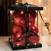 Teddyroos Beer - Valentijn cadeau - Verjaardagscadeau - Kunstbloemen - Met Ledlampjes en Doos - 23 Centimeter - Rood