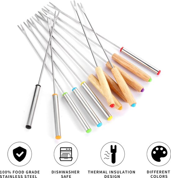 Bondoo fonduevorken 24 stuks 24 cm - fondue vorkjes - fonduevork- fondue vorkjes voor vlees - fonduevorkjes - fondue prikkers - fondue prikkers - fonduevorken set - kaasfondue vorkjes - RVS - Hout — afbeelding 3