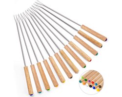 Bondoo Fonduevorken - Set van 12 - Houten Handgrepen met kleur - 24 cm - hittebestendig voor chocoladefontein kaasfondue gebraden marshmallows fruit - fondue chocolade - fonduevorken set - fondue prikkers - fonduevorkjes - fondue accessoires - Hout