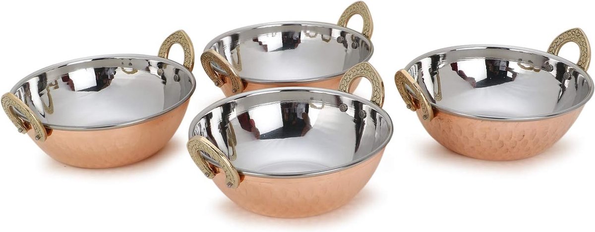 OSNICA Indiaas eten serveerschalen voor granen, soep, gekookt voedselfeest serveerwaren, serveerschalen koper, staal Handi met deksel (20 cm (1000 ML
