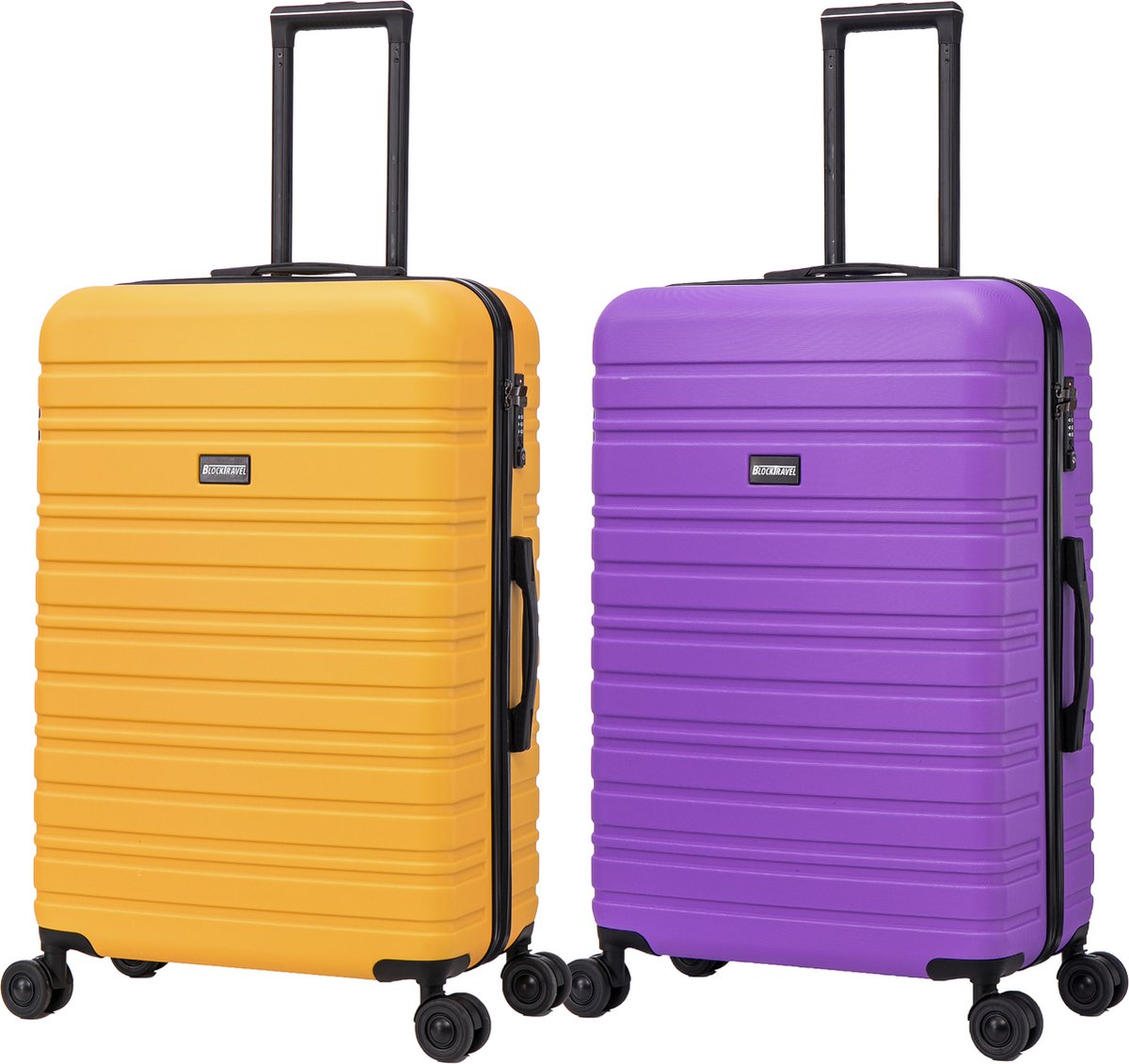 BlockTravel - kofferset - 2 delig - ABS - ruimbagage - met dubbele wielen - 95 liter - inbouw TSA slot - geel - paars