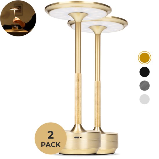 BandiO Rome 2x Tafellamp Oplaadbaar – Draadloos en dimbaar – 5200mAh - Moderne touch lamp – Nachtlamp Slaapkamer – Goud