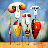 JJ-Art (Canvas) 60x60 | Gekke olifanten op een stokje, surrealisme, kleurrijk, abstract, kunst | dier, olifant, Afrika, bruin, blauw, rood, modern, vierkant | Foto-Schilderij canvas print (wanddecoratie)