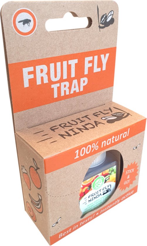 Kartonnen verpakking van "FRUIT FLY TRAP". Met een venster waar het flesje met fruitafbeelding zichtbaar is.