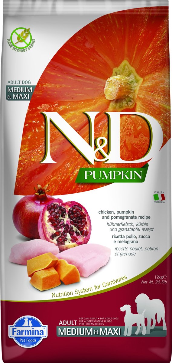 2x12kg Adult Medium & Maxi Kip/Pompoen/Granaatappel Farmina N&D Hondenvoer Graanvrij