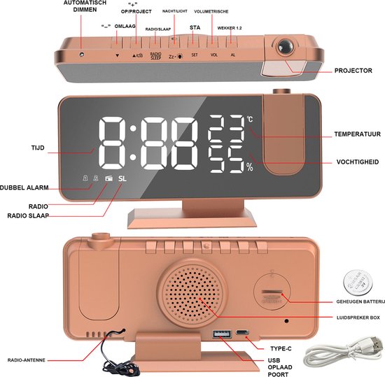 Réveil Projecteur Plafond Mrisata - Horloge Numérique Avec Projection Rotative, Gradateur, USB - Snooze 10min