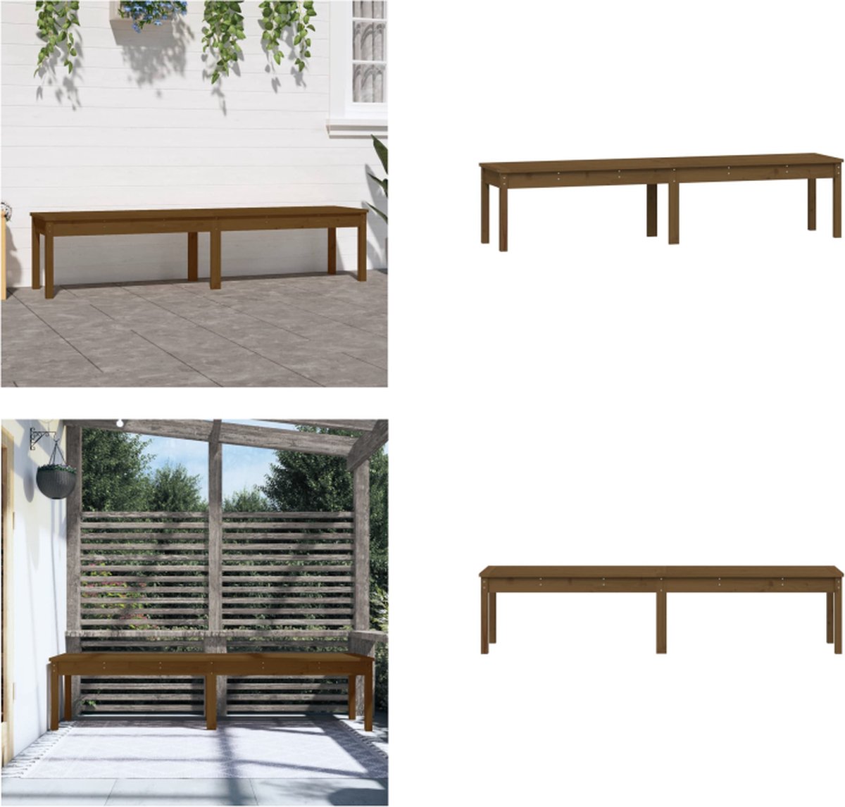 VidaXL Tuinbank 2-zits 203-5x44x45 cm massief grenenhout honingbruin Tuinbank Tuinbanken Parkbank Tuinzetel